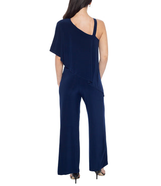 Marina One Shoulder Asymmetrical Neck Short Flutter Sleeve Wide Leg Jumpsuit - NAVY BLUE - BACK 