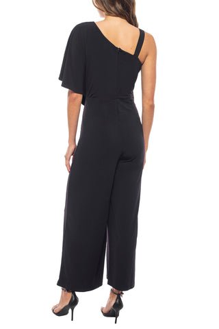 Marina One Shoulder Asymmetrical Neck Short Flutter Sleeve Wide Leg Jumpsuit - BLACK - BACK VIEW 