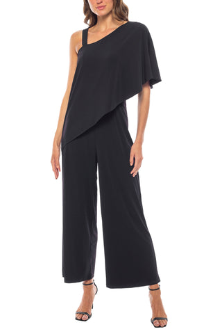 Marina One Shoulder Asymmetrical Neck Short Flutter Sleeve Wide Leg Jumpsuit - BLACK - FRONT VIEW 