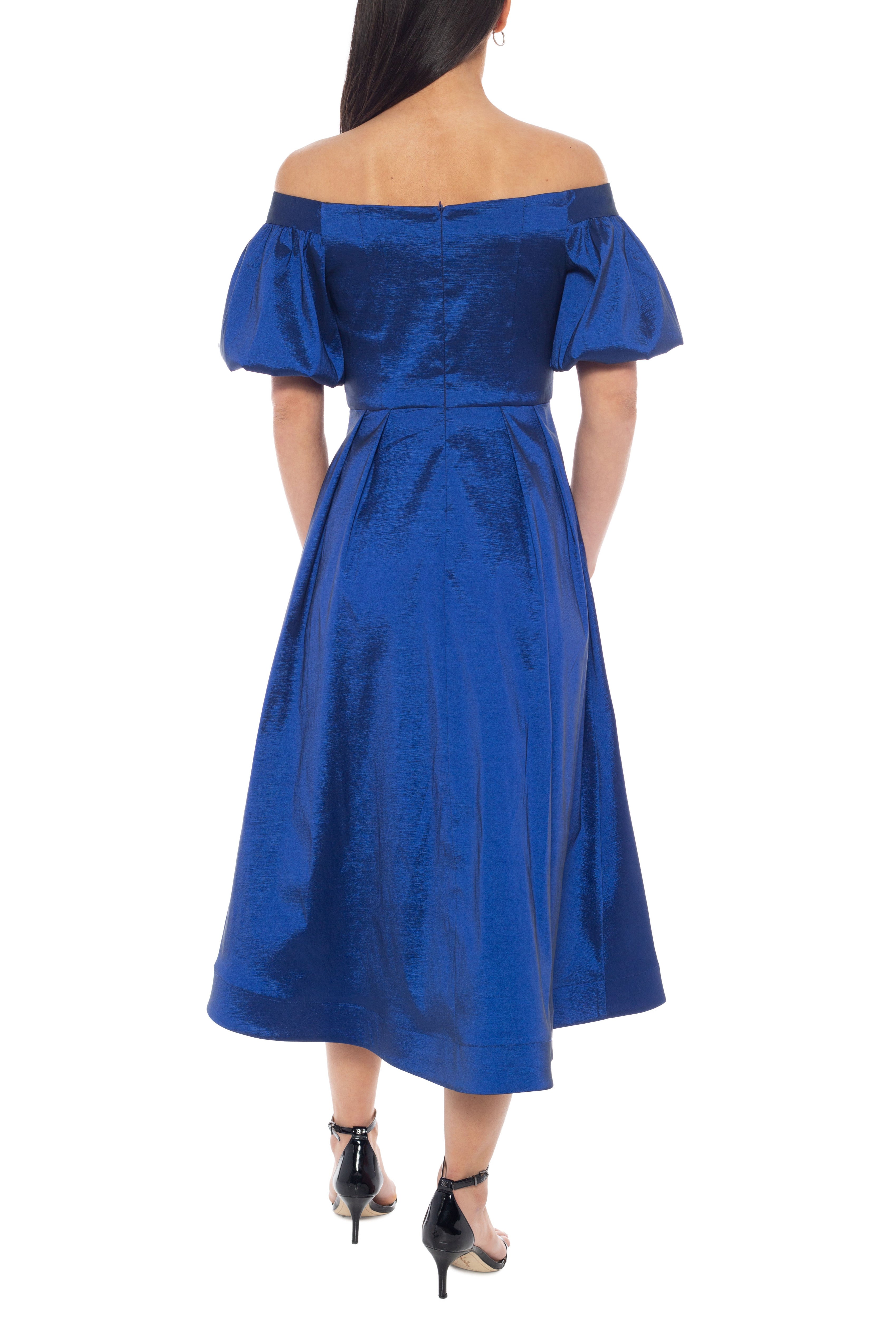 Marina Off-the-Shoulder Short Puff Sleeves Fit and Flare Silhouette Taffeta Dress | Available at Curated Brands in Los Angeles Marina Off-the-Shoulder Short Puff Sleeves Fit and Flare Silhouette Taffeta Dress | Available at Curated Brands in Los Angeles
