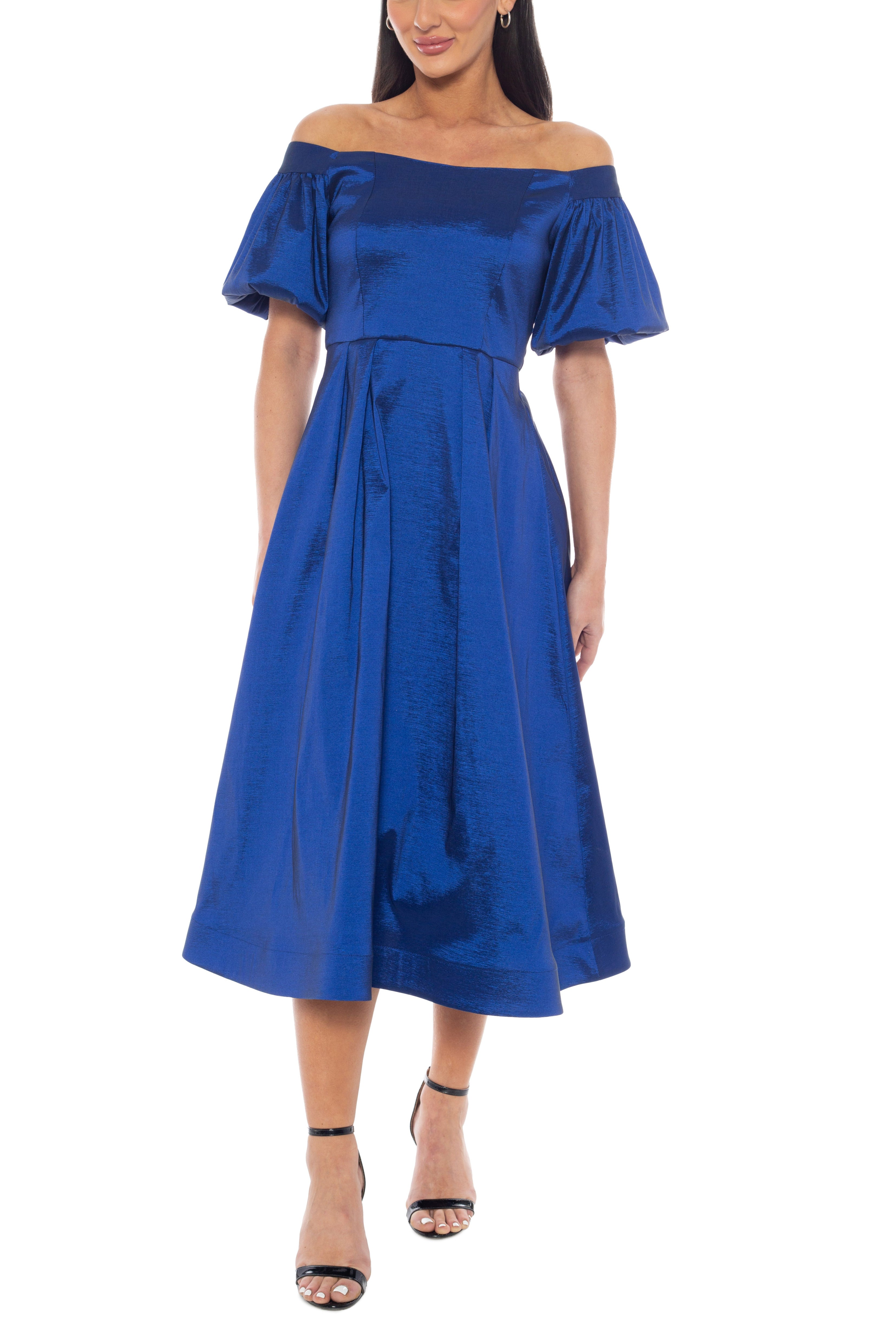 Marina Off-the-Shoulder Short Puff Sleeves Fit and Flare Silhouette Taffeta Dress | Available at Curated Brands in Los Angeles Marina Off-the-Shoulder Short Puff Sleeves Fit and Flare Silhouette Taffeta Dress | Available at Curated Brands in Los Angeles