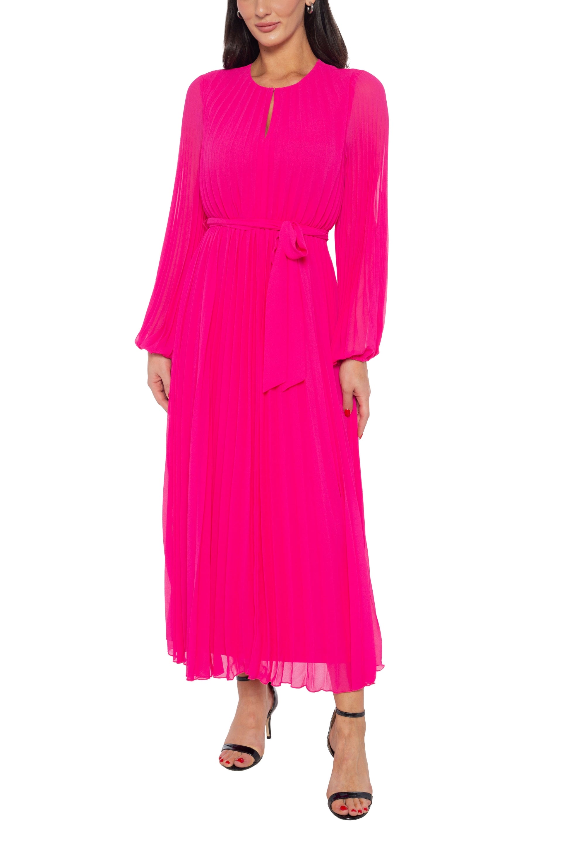 Marina Round Keyhole Neckline Empire Waist with Tie Pleated Skirt Maxi Dress | Available at Curated Brands in Los Angeles Marina Round Keyhole Neckline Empire Waist with Tie Pleated Skirt Maxi Dress | Available at Curated Brands in Los Angeles