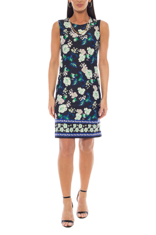 Marina Round Neckline Floral Print Sleeveless Dress Three-Quarter Sleeve Jacket With Necklace