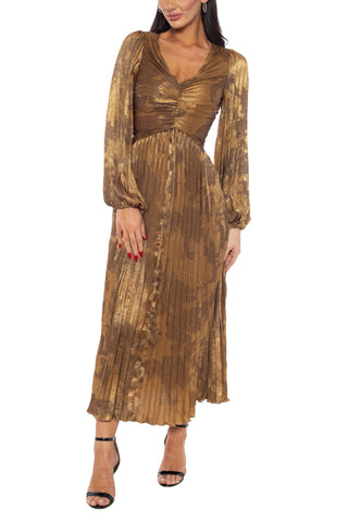 marina long sleeve pleated dress Women's Marina V-Neck Pleated Dress with Long Sleeves