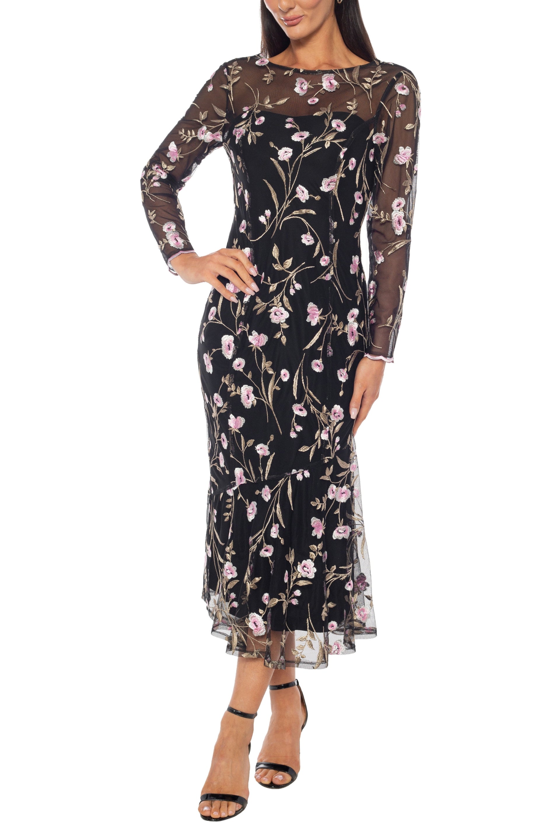 Marina Floral Embroidered Sheer Mesh Round Illusion Neckline Long Slee Curated Brands Marina Floral Embroidered Sheer Mesh Round Illusion Neckline Long Slee Curated Brands