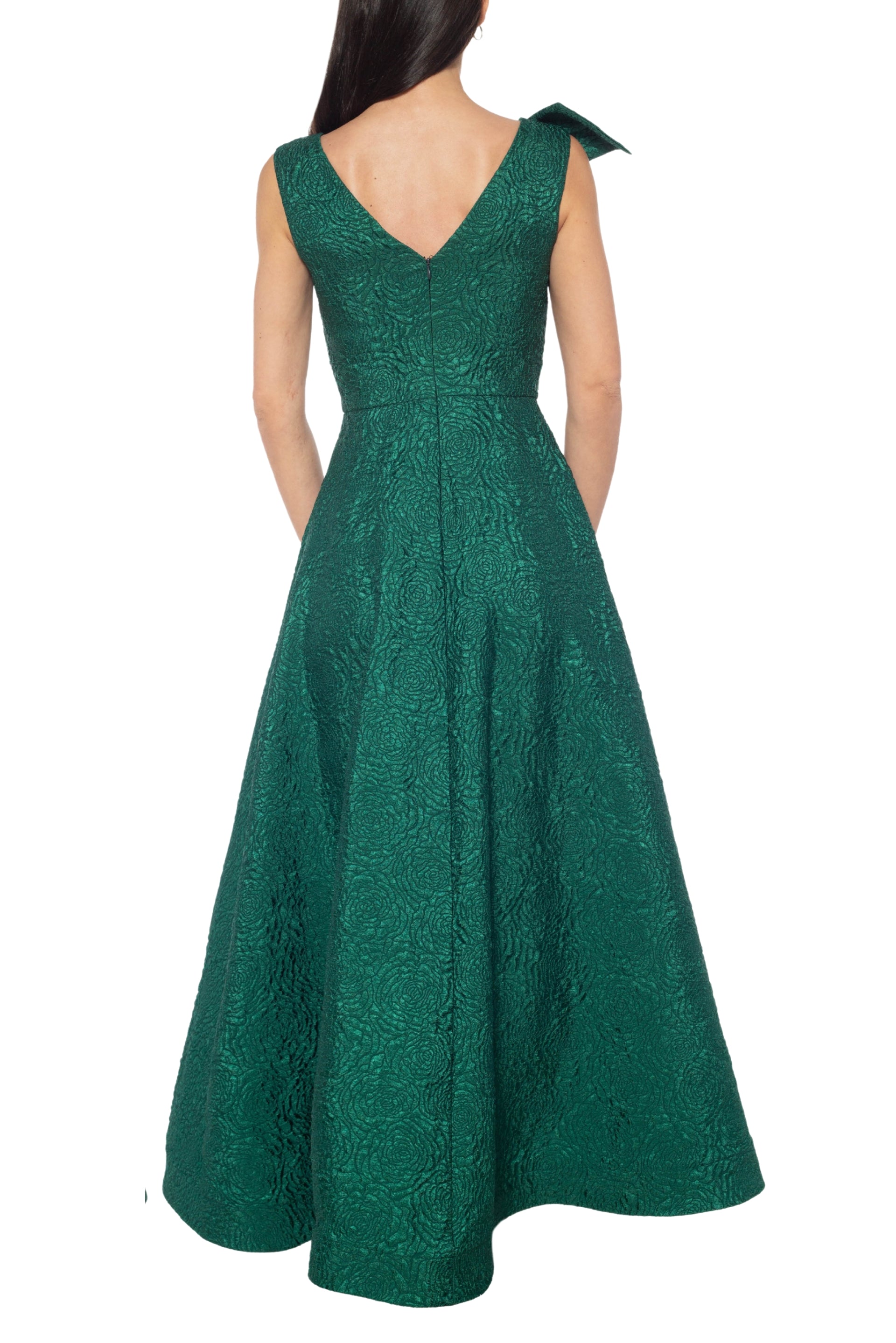 Marina Round Bateau Neckline With Ribbon On Shoulder V-Back Zipper Closure Fitted Bodice A-Line Dress Marina Round Bateau Neckline With Ribbon On Shoulder V-Back Zipper Closure Fitted Bodice A-Line Dress