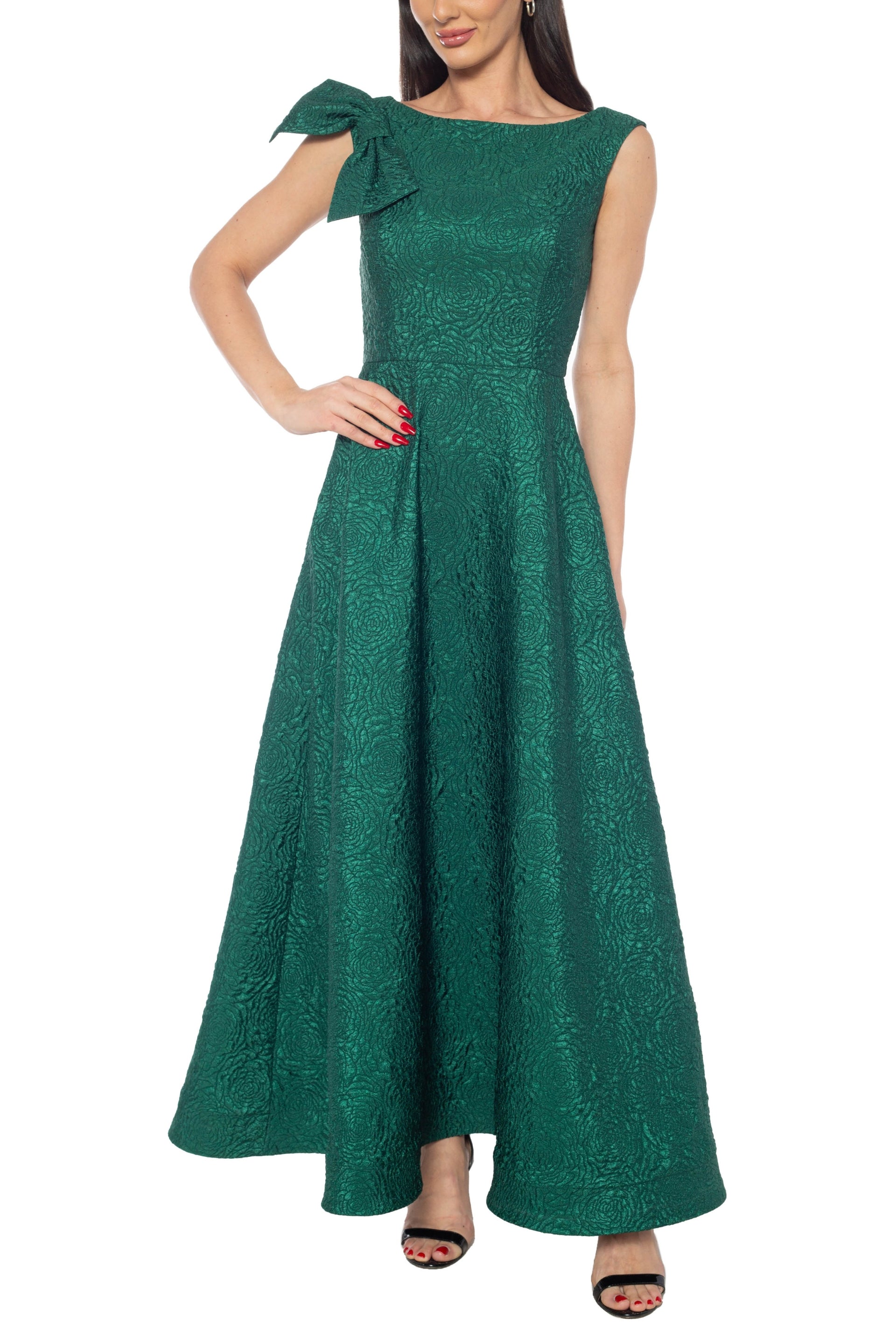 Marina Round Bateau Neckline With Ribbon On Shoulder V-Back Zipper Clo Curated Brands Marina Round Bateau Neckline With Ribbon On Shoulder V-Back Zipper Clo Curated Brands