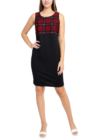 Danny & Nicole Scoop Neck Sleeveless Zipper Back Multi Print Knit Dress with Matching Jacket - Black Red Ivory - Front