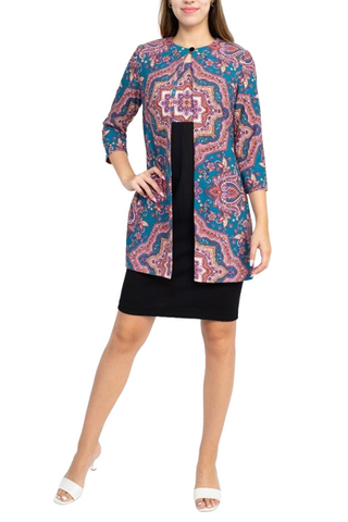 Danny & Nicole Scoop Neck Sleeveless Zipper Back Multi Print Crepe Dress with Matching Jacket - Black Teal - Front