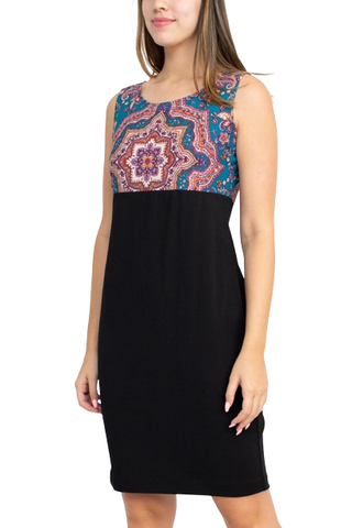 Danny & Nicole Scoop Neck Sleeveless Zipper Back Multi Print Crepe Dress with Matching Jacket - Black Teal - Side