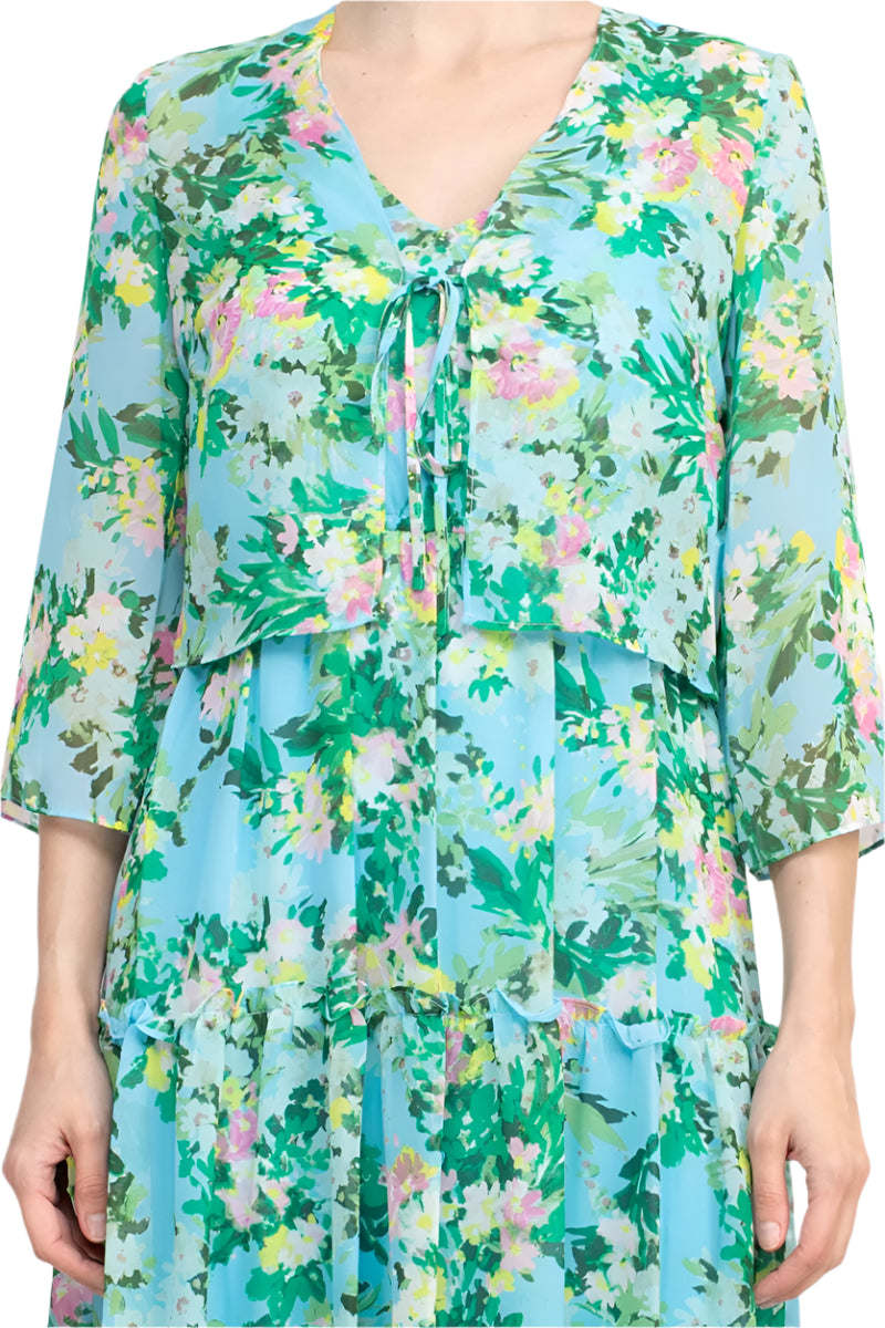 Maison Tara V Neck Back Zipper Sleeveless Floral Midi Dress with Matching Chiffon Jacket| Available at Curated Brands in Los Angeles Maison Tara V Neck Back Zipper Sleeveless Floral Midi Dress with Matching Chiffon Jacket| Available at Curated Brands in Los Angeles