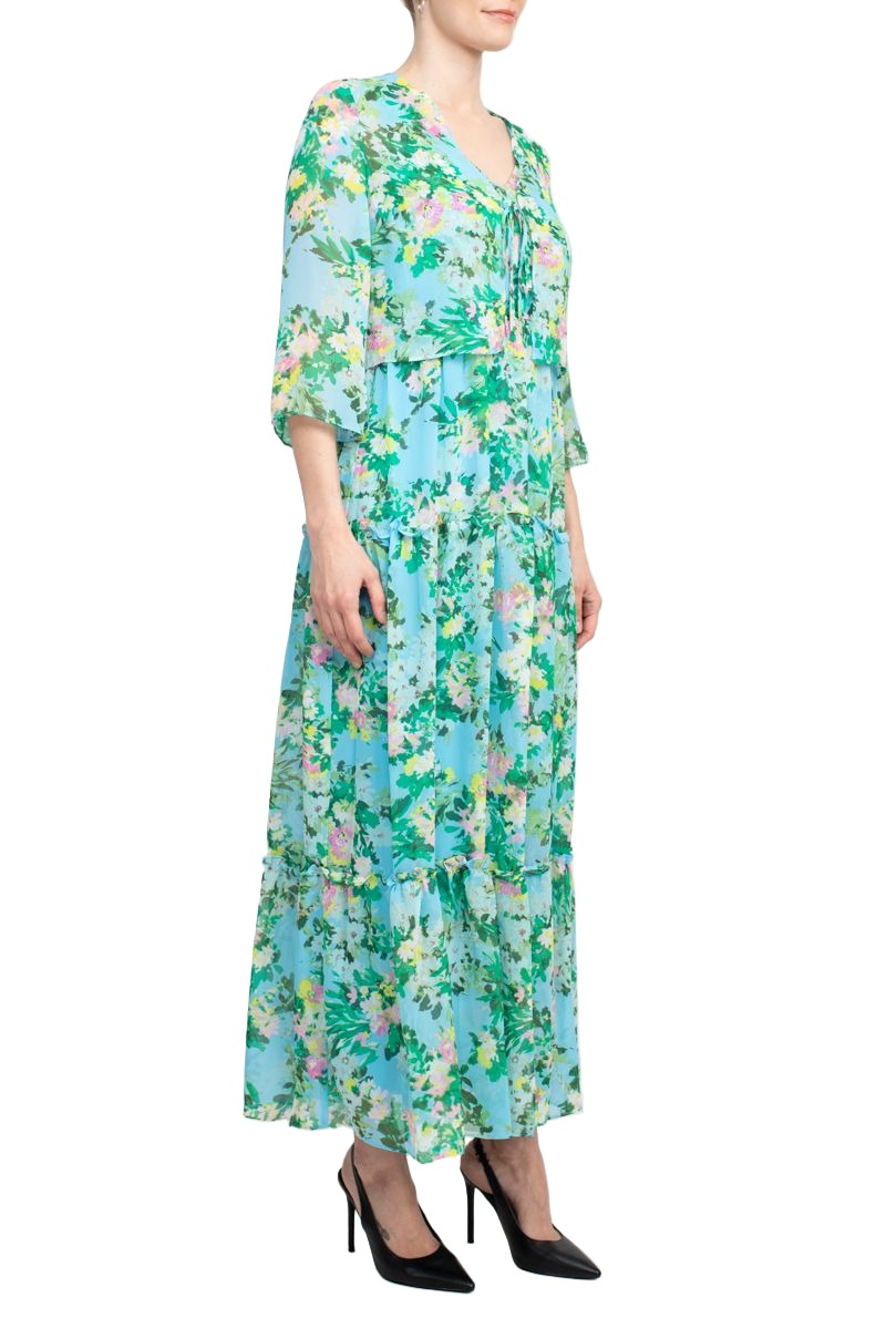 Maison Tara V Neck Back Zipper Sleeveless Floral Midi Dress with Matching Chiffon Jacket| Available at Curated Brands in Los Angeles Maison Tara V Neck Back Zipper Sleeveless Floral Midi Dress with Matching Chiffon Jacket| Available at Curated Brands in Los Angeles
