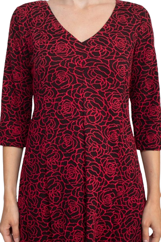 Emma & Michele V-Neck 3/4 Sleeve Embroidered Dress - Black Red - Front