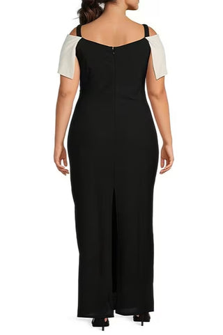 Marina Off-the-Shoulder Short Sleeve Ruched Waist Crepe Sheath Gown (Plus Size) - BLACK IVORY - BACK 