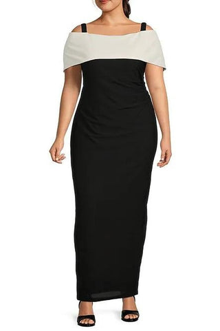 Marina Off-the-Shoulder Short Sleeve Ruched Waist Crepe Sheath Gown (Plus Size) - BLACK IVORY - FRONT