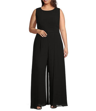 Marina Chiffon Overlay Sleeveless Jumpsuit ( Plus Size ) - Black - Front