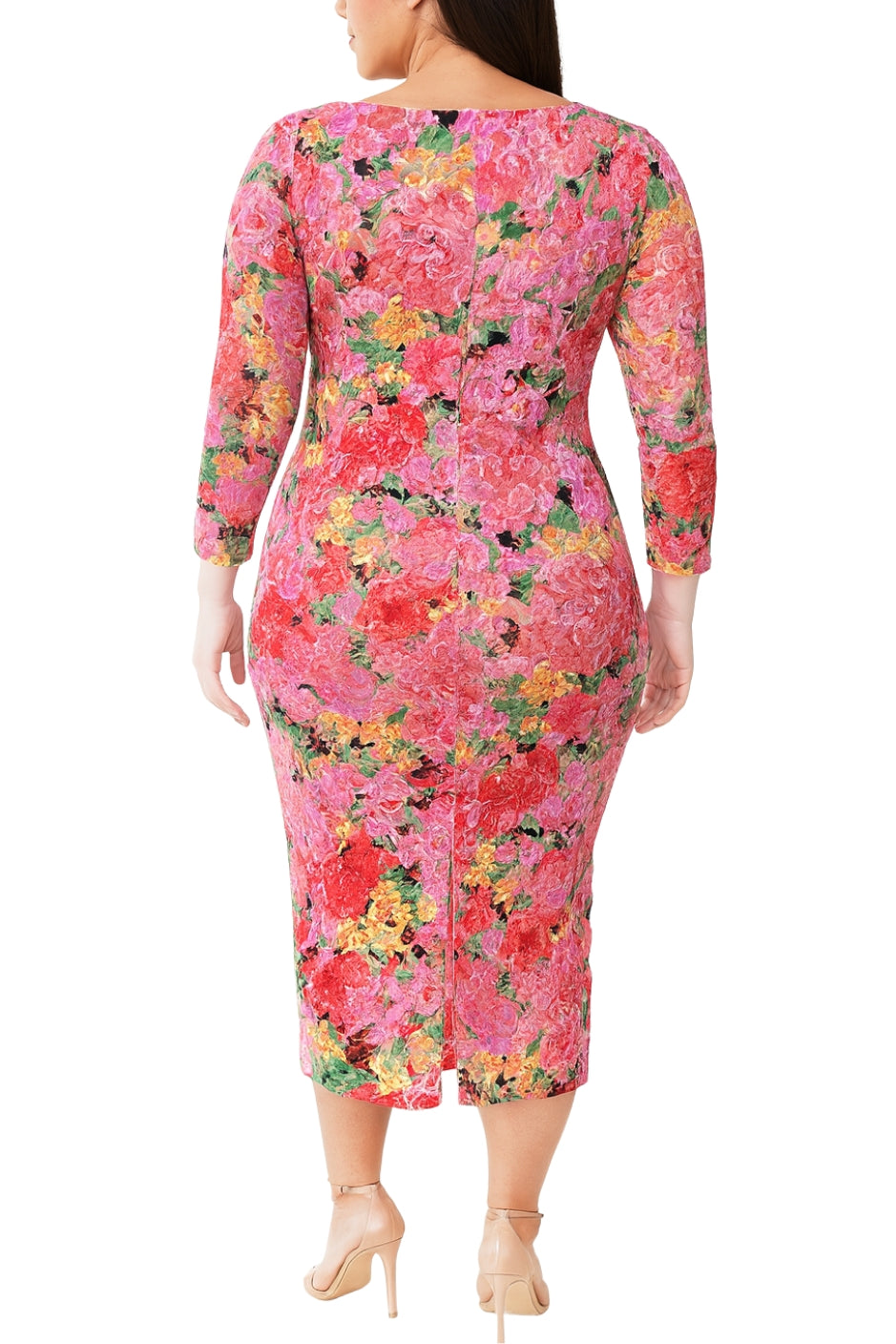 Marina Floral Lace Overlay Deep V-Neckline Long Sleeves Front Slit Fitted Pullover Midi Dress Marina Floral Lace Overlay Deep V-Neckline Long Sleeves Front Slit Fitted Pullover Midi Dress