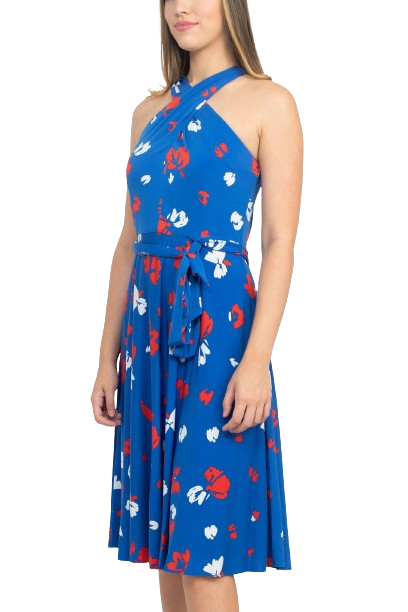 Tahari ASL Crossed Neck Sleeveless Tie Waist Zipper Back Multi Print Jersey Dress Tahari ASL Crossed Neck Sleeveless Tie Waist Zipper Back Multi Print Jersey Dress