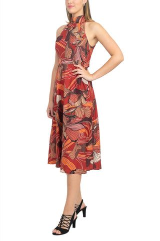 Tahari ASL High Tie Neck Sleeveless Multi Print Fit & Flare Satin Dress