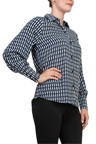 Robe chemisier Grace à rayures géométriques diagonales, col à revers, poignets boutonnés