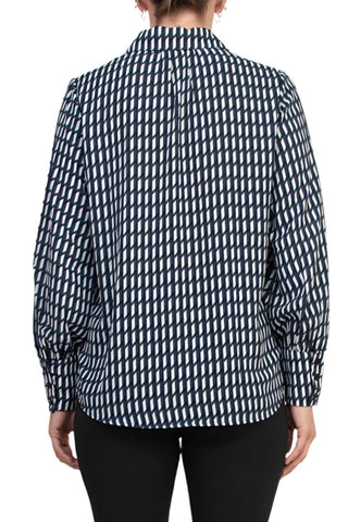 Grace Geometric Diagonal Stripes Collared Neckline Buttoned Cuffs Top Blouse Dress - NAVY WHITE - Back