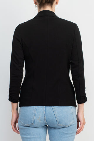 Philosophy Shawl Collar 3/4 Ruched Sleeve Knit Crepe with Belt Pockets_Black_back View