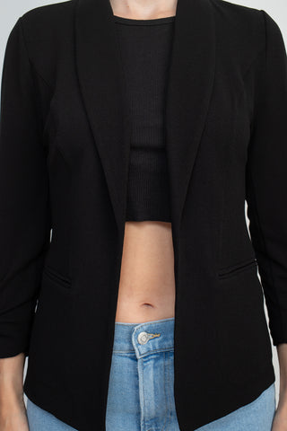Philosophy Shawl Collar 3/4 Ruched Sleeve Knit Crepe with Belt Pockets_Black_Front Detailed  View