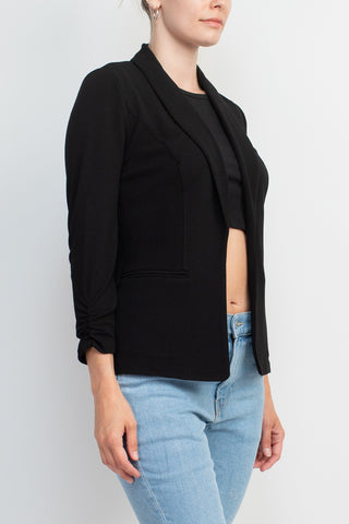 Philosophy Shawl Collar 3/4 Ruched Sleeve Knit Crepe with Belt Pockets_Black_Side View