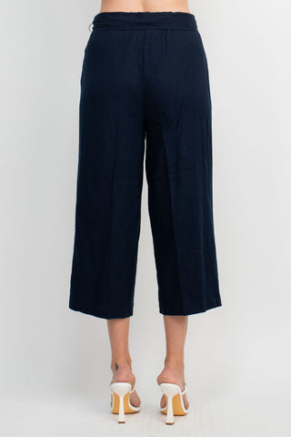 Land N Sea Elastic Mid Waist Tie Waist Wide Leg Linen Pant with Pockets