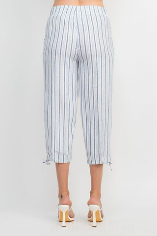 Land N Sea Pull-on Elastic Waist Tie Bottom Stripe Print Linen Pant with Pockets