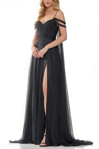 Colors Dress Side-Drapes Long Chiffon A-Line Prom Gown - Black - Front