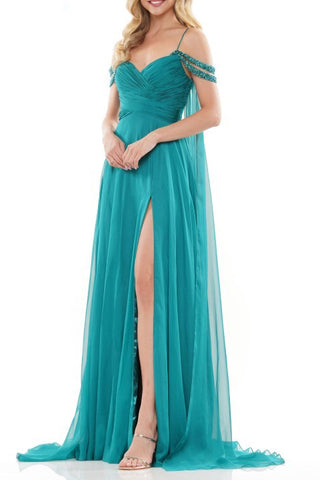 Colors Dress Side-Drapes Long Chiffon A-Line Prom Gown - Deep Green - Front