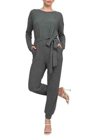 Philosophy Crew Neck Dolman Long Sleeve Tie Waist Elastic Hem Pockets Jersey Knit Jumpsuit - Heather Grey - Front