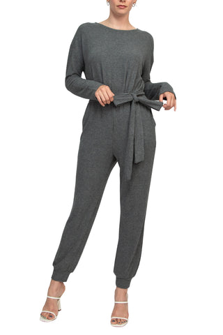 Philosophy Crew Neck Dolman Long Sleeve Tie Waist Elastic Hem Pockets Jersey Knit Jumpsuit - Heather Grey - Front full view