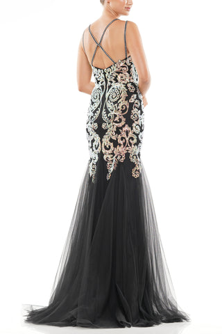 Colors Dress Sleeveless Embroidered Sequin Gown - Black - Back