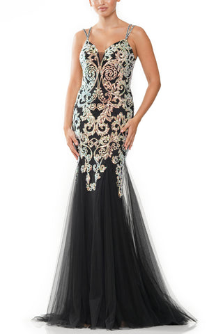 Colors Dress Sleeveless Embroidered Sequin Gown - Black - Front