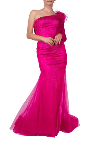 Colors Dress One Shoulder Mesh Long Sleeve and Feathers Mermaid Gown