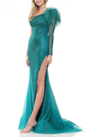 Colors Dress One Shoulder Mesh Long Sleeve and Feathers Mermaid Gown - Deep Green - Front
