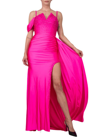 Colors Dress One Shoulder Beaded Bodice Front Slit Gown