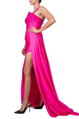 Colors Dress One Shoulder Beaded Bodice Front Slit Gown