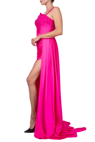 Colors Dress One Shoulder Beaded Bodice Front Slit Gown