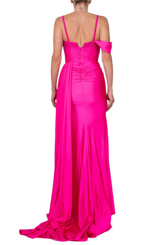 Colors Dress One Shoulder Beaded Bodice Front Slit Gown