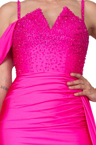 Colors Dress One Shoulder Beaded Bodice Front Slit Gown