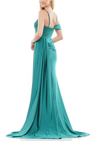 Colors Dress One Shoulder Beaded Bodice Front Slit Gown - Emerald - Back