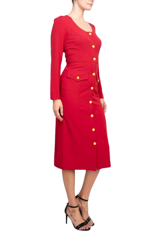 Taylor Scoop Neck Long Sleeve Banded Front Button Closure Solid Stretch Crepe Dress - Classic Red - Side