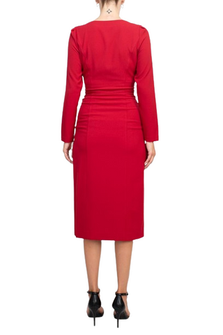 Taylor Scoop Neck Long Sleeve Banded Front Button Closure Solid Stretch Crepe Dress - Classic Red - Back