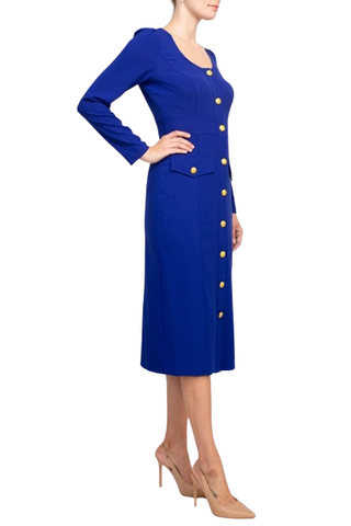 Taylor Scoop Neck Long Sleeve Banded Front Button Closure Solid Stretch Crepe Dress - Kashmire Blue - Side