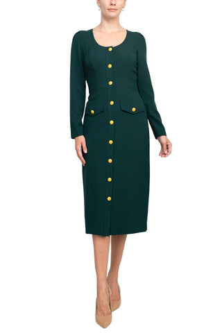 Taylor Scoop Neck Long Sleeve Banded Front Button Closure Solid Stretch Crepe Dress - Mallard - Front