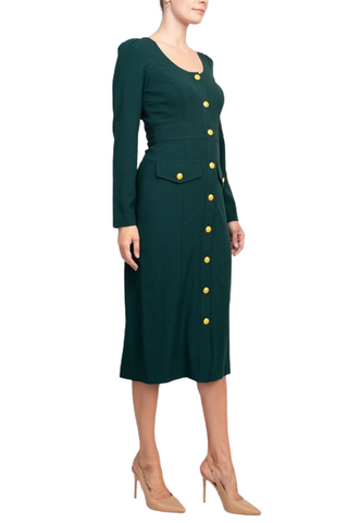 Taylor Scoop Neck Long Sleeve Banded Front Button Closure Solid Stretch Crepe Dress - Mallard - Side