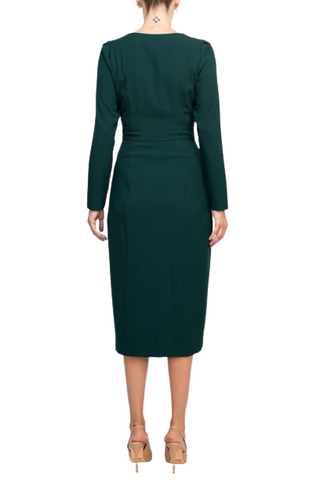 Taylor Scoop Neck Long Sleeve Banded Front Button Closure Solid Stretch Crepe Dress - Mallard - Back